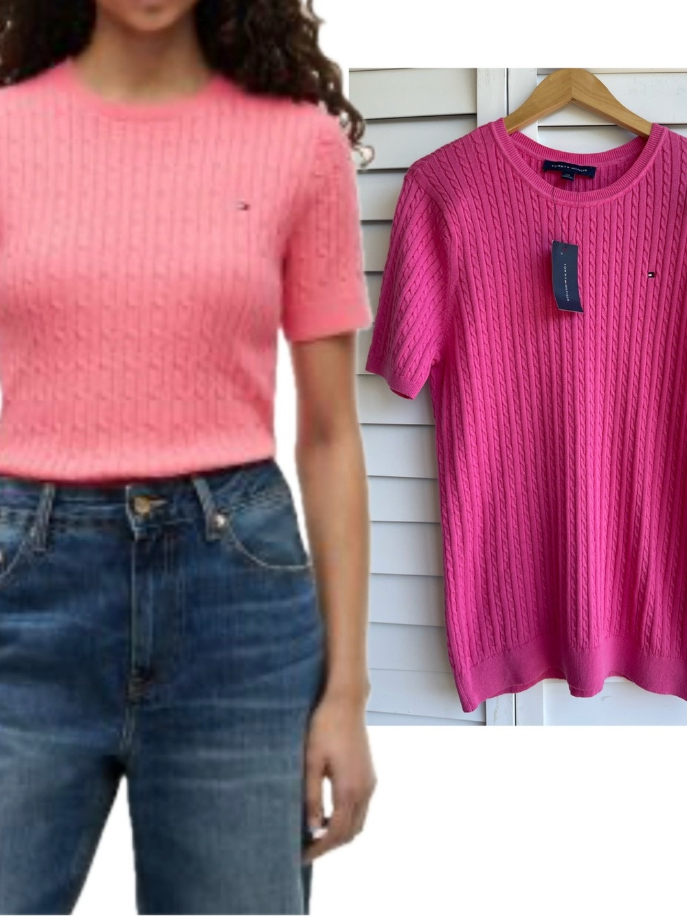 Tommy Hilfiger Hot Pink Cable Knit Short Sleeve Top/Blouse Size: L NWT